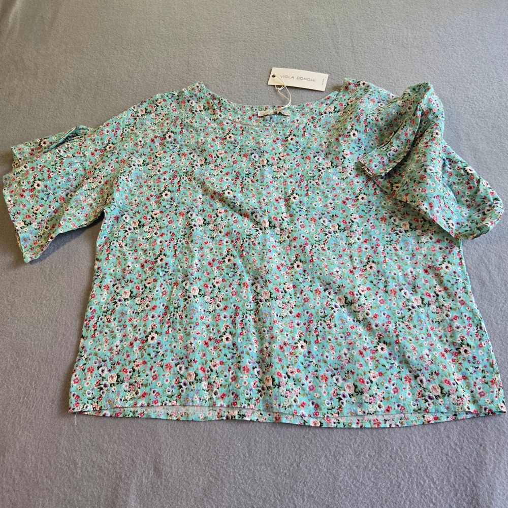 Viola Borghi Linen Floral Top Womens Medium Teal Pink Flutter Sleeve Made Italy